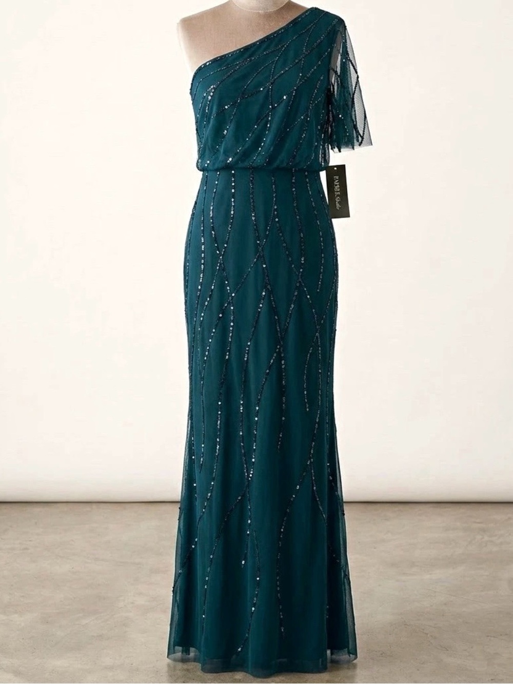 Adrianna Papell Teal One-Shoulder Beaded Evening Gown